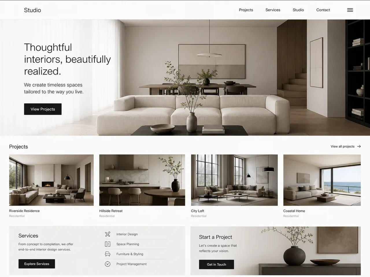 Screenshot concept di sito web per uno studio di interior design