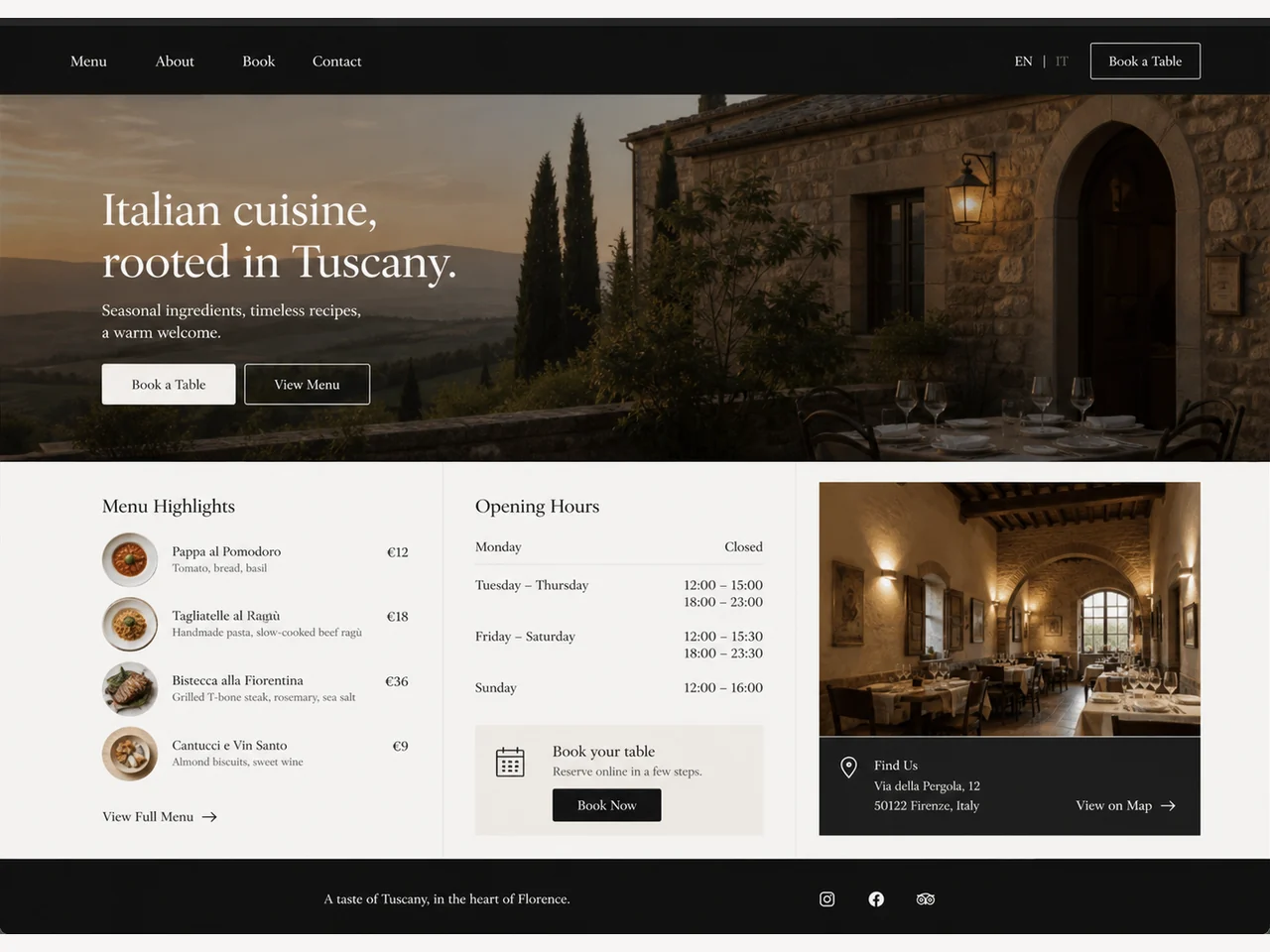 Screenshot concept di sito web per un ristorante toscano