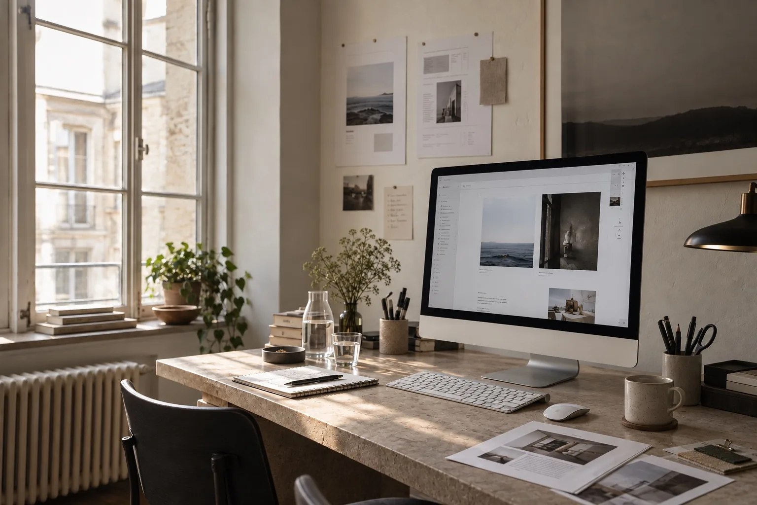 Studio di web design con monitor, tastiera, mouse e prove di impaginazione alla luce naturale